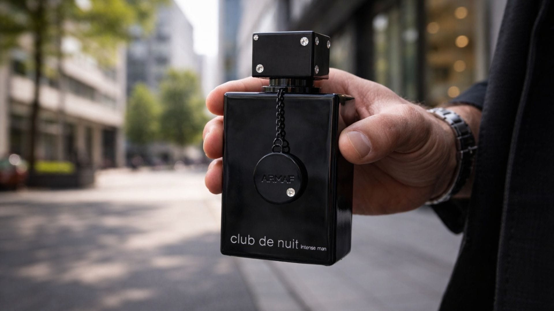 Close do frasco do Club de Nuit Intense Man sendo inspecionado nas mãos