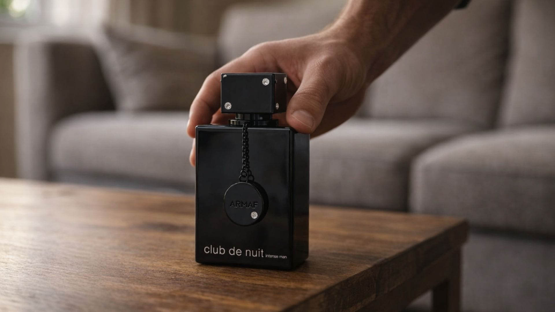 Frasco do perfume Club de Nuit Intense Man sobre mesa de madeira em ambiente interno com luz natural
