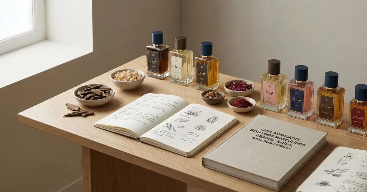 Composição de frascos de perfumes masculinos árabes com notas amadeiradas intensas.