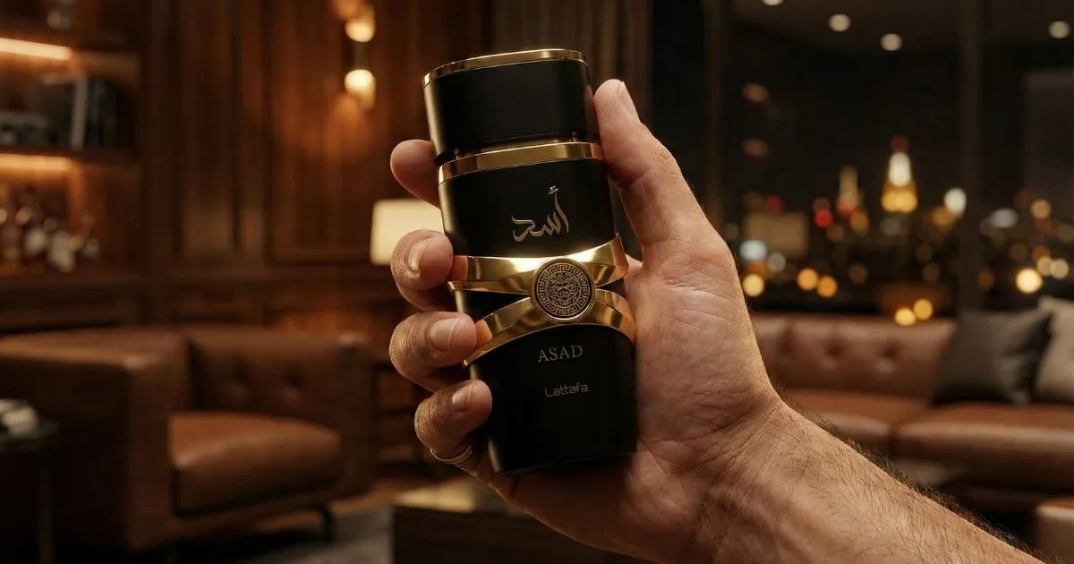 Frasco de perfume árabe masculino com aura intensa para uso noturno.