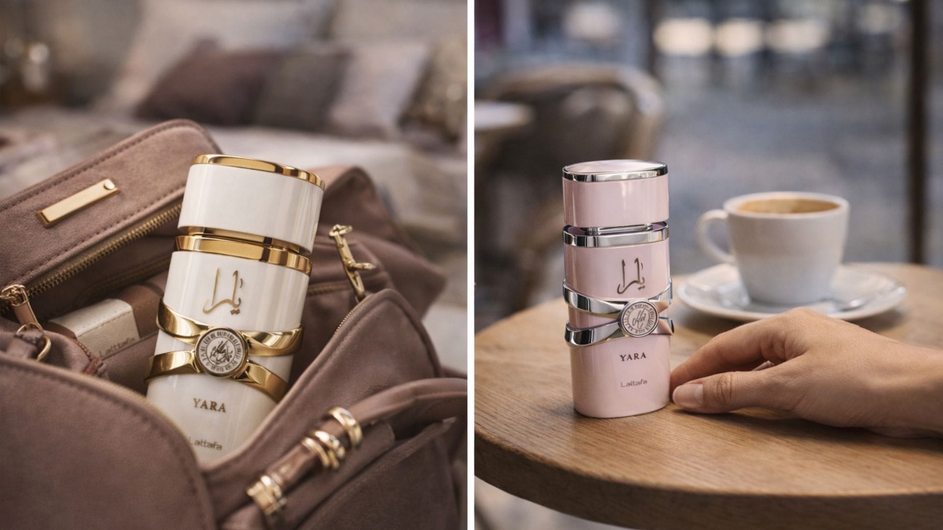 Perfume árabe para o dia a dia Lattafa Yara Moi em bolsa feminina e Lattafa Yara sobre mesa de café em cena cotidiana