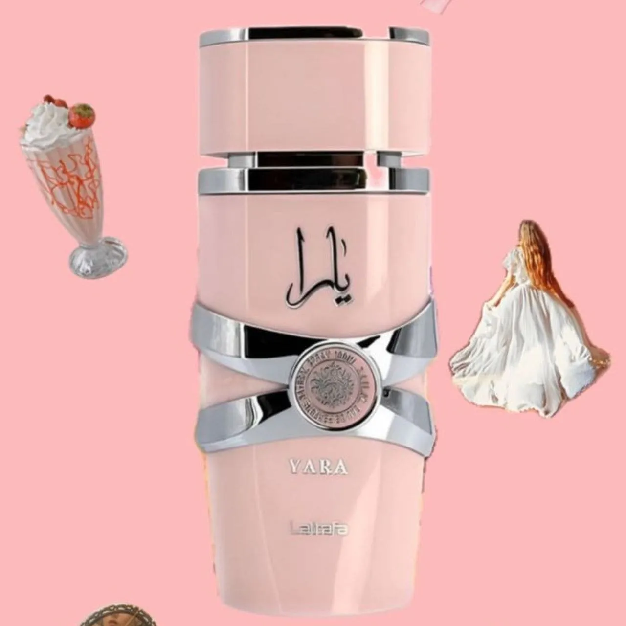 Frasco do perfume Lattafa Yara com design delicado e feminino.