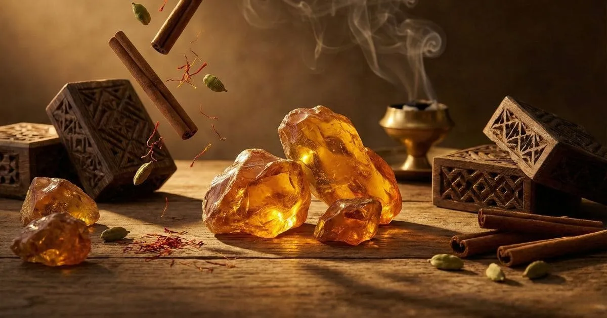 Frasco luxuoso de perfume árabe com design exótico e tons dourados envolventes.