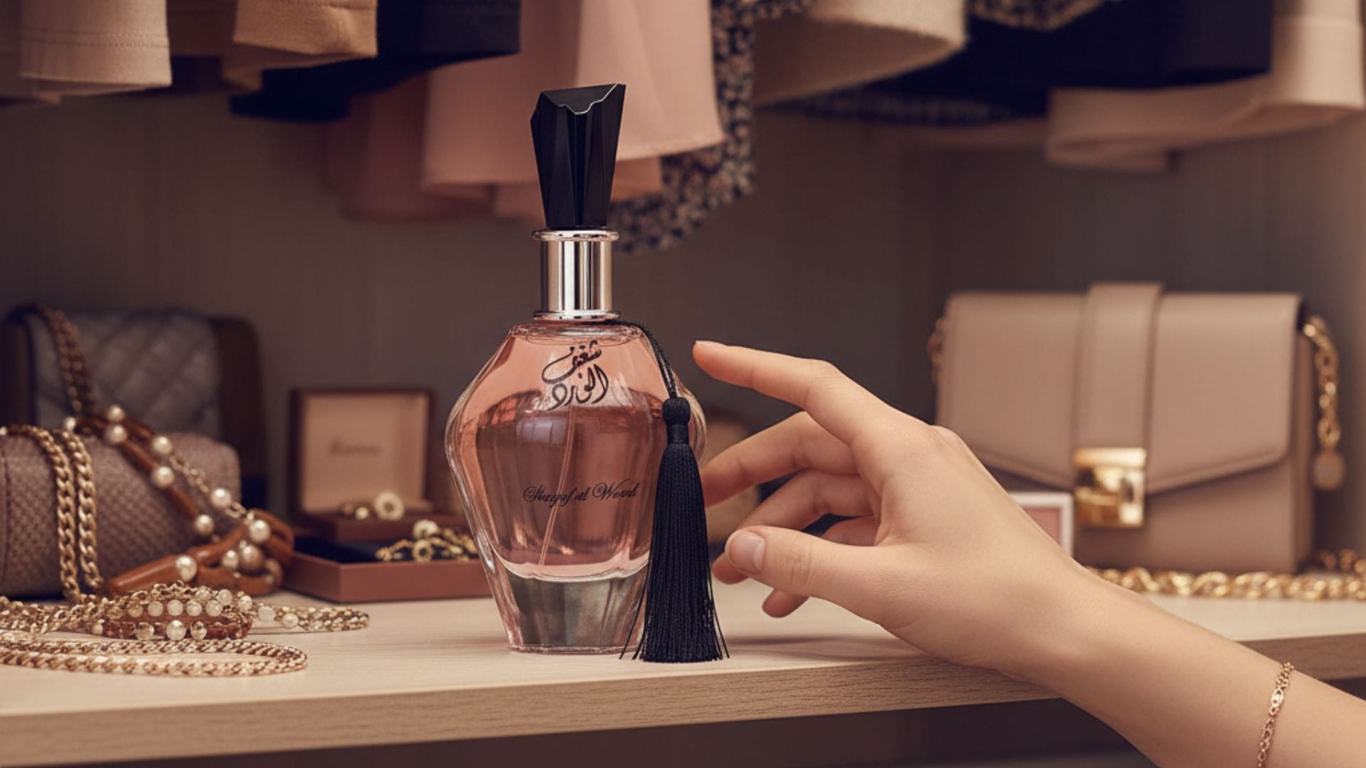 Mão feminina estendida em direção a um frasco de perfume rosa com tampa preta e pingente de franja, sobre prateleira de closet com bolsas, correntes e joias ao fundo.