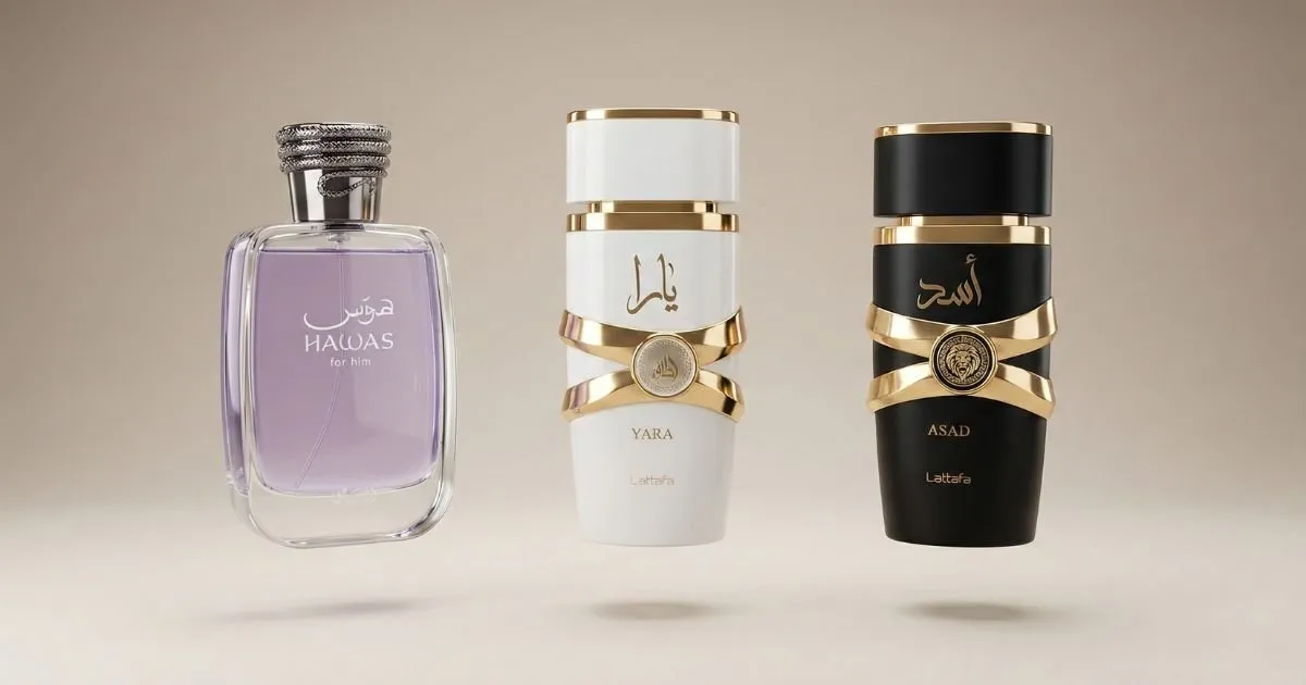 Frasco de perfume árabe cremoso ideal para escolha inicial de iniciantes.