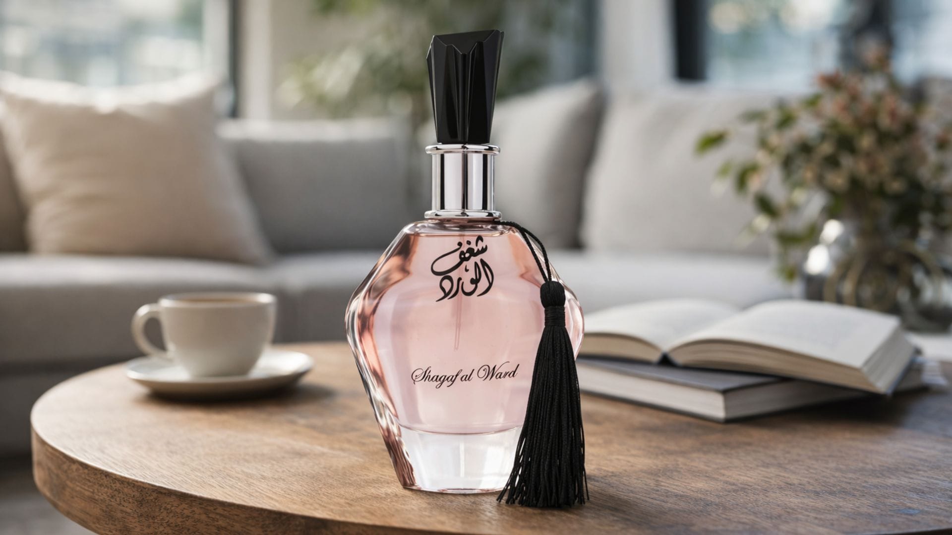 Perfume árabe feminino Shagaf Al Ward em uma mesa