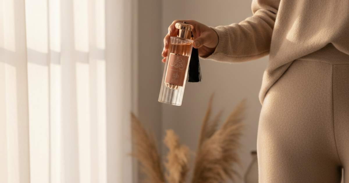 Frasco do perfume Durrat Al Aroos em apresentação elegante com elementos dourados