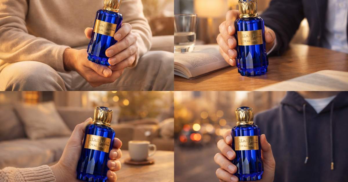 Perfume Frasco do Kenz Al Malik em fundo desfocado.