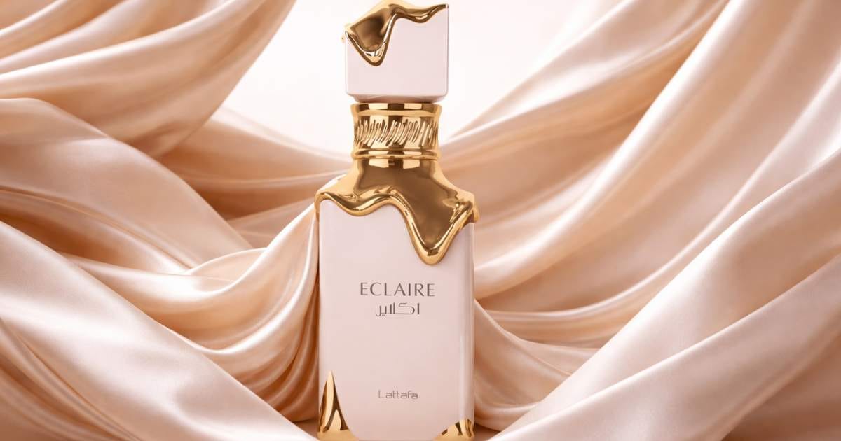 Frasco do perfume Eclaire da Lattafa, eau de parfum 100ml gourmand com notas de baunilha e caramelo