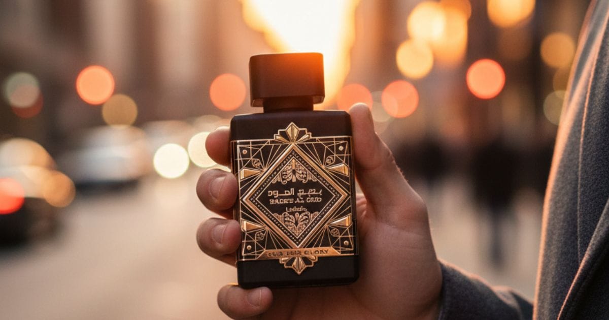 Frasco do perfume árabe Badee Al Oud Lattafa sendo seguro em ambiente urbano com luz do pôr do sol, destacando o design preto e dourado original da Ambar Perfumes.