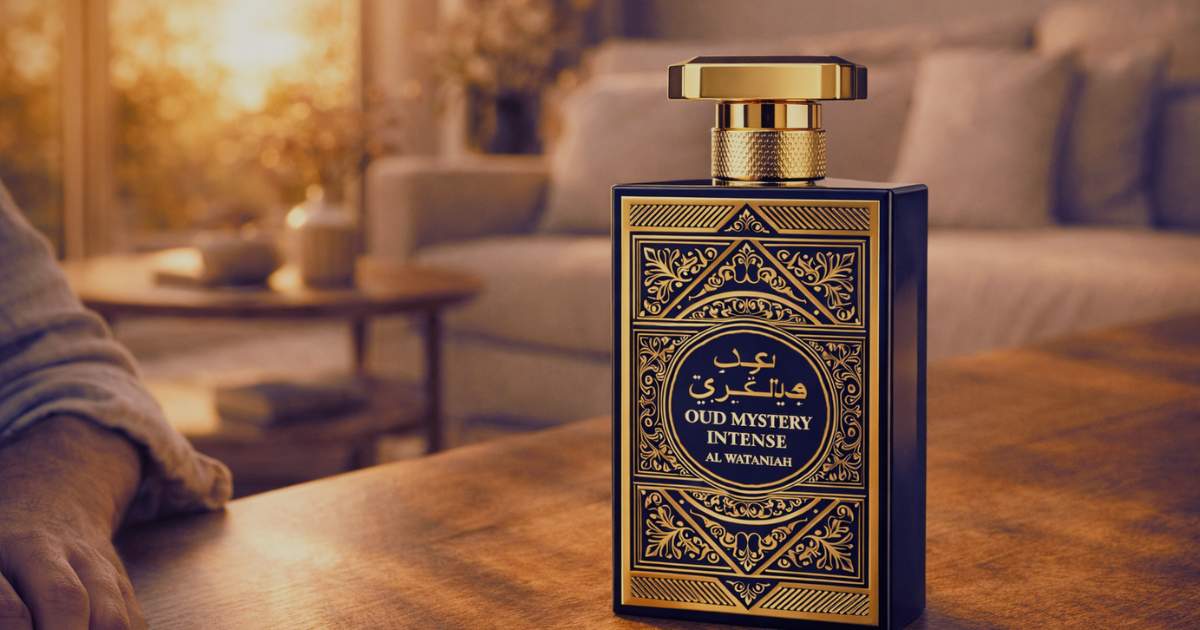 Embalagem aberta do perfume Oud Mystery Intense mostrando frasco e caixa premium