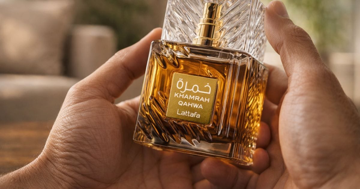 Foto do perfume importado original Khamrah Qahwa Lattafa em estoque na Ambar Perfumes.