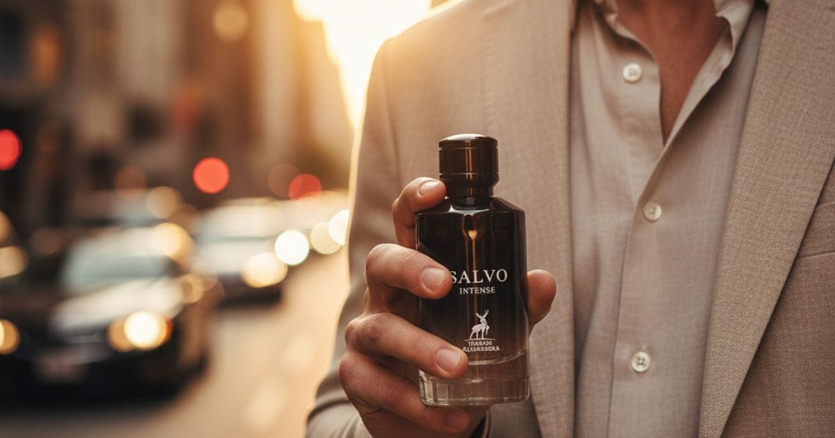 Homem segurando o perfume Salvo Intense original em ambiente urbano com luz do pôr do sol, ideal para uma revisão completa no blog.
