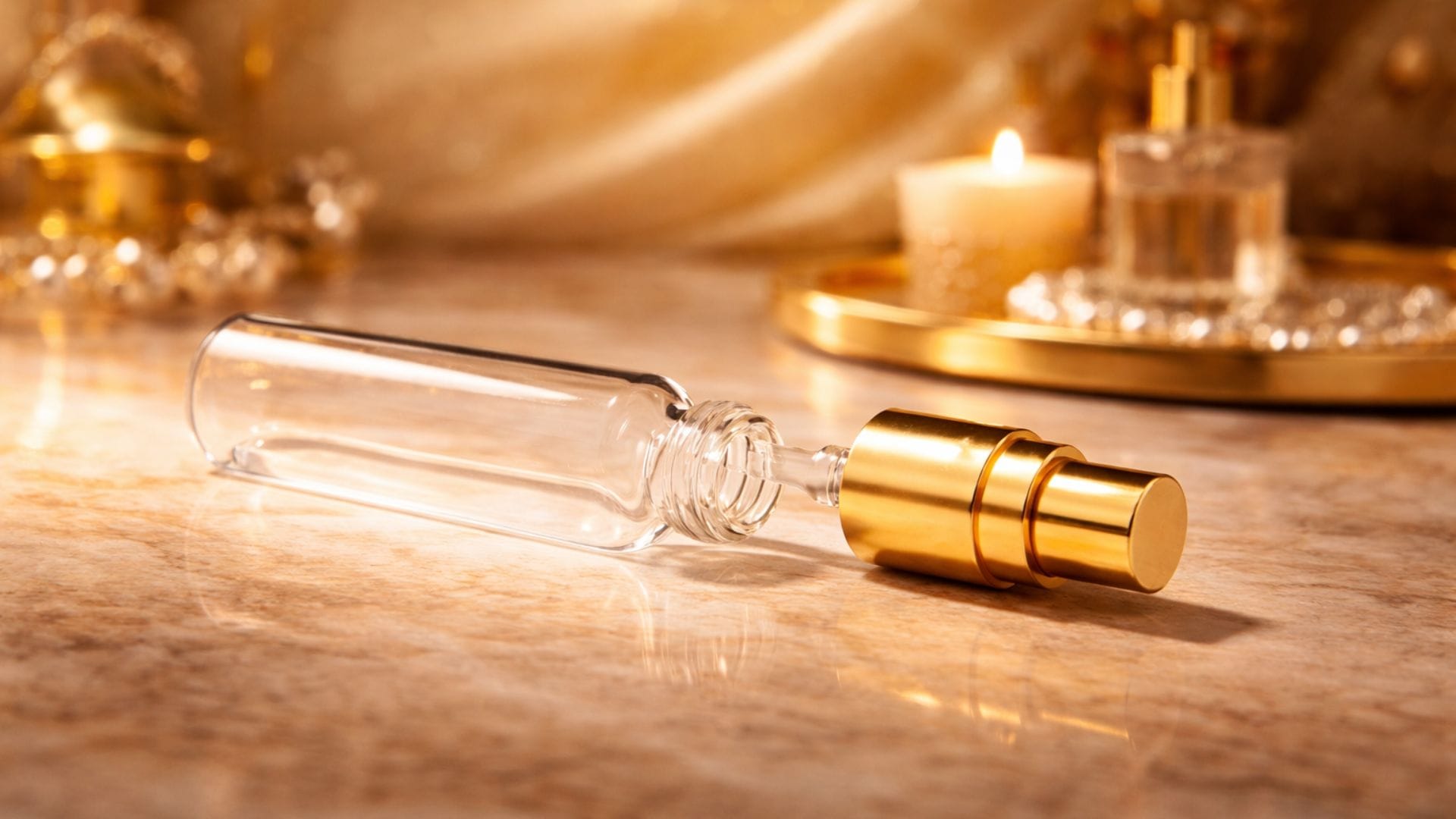 Frasco de decant de perfume em vidro com tampa dourada aberto