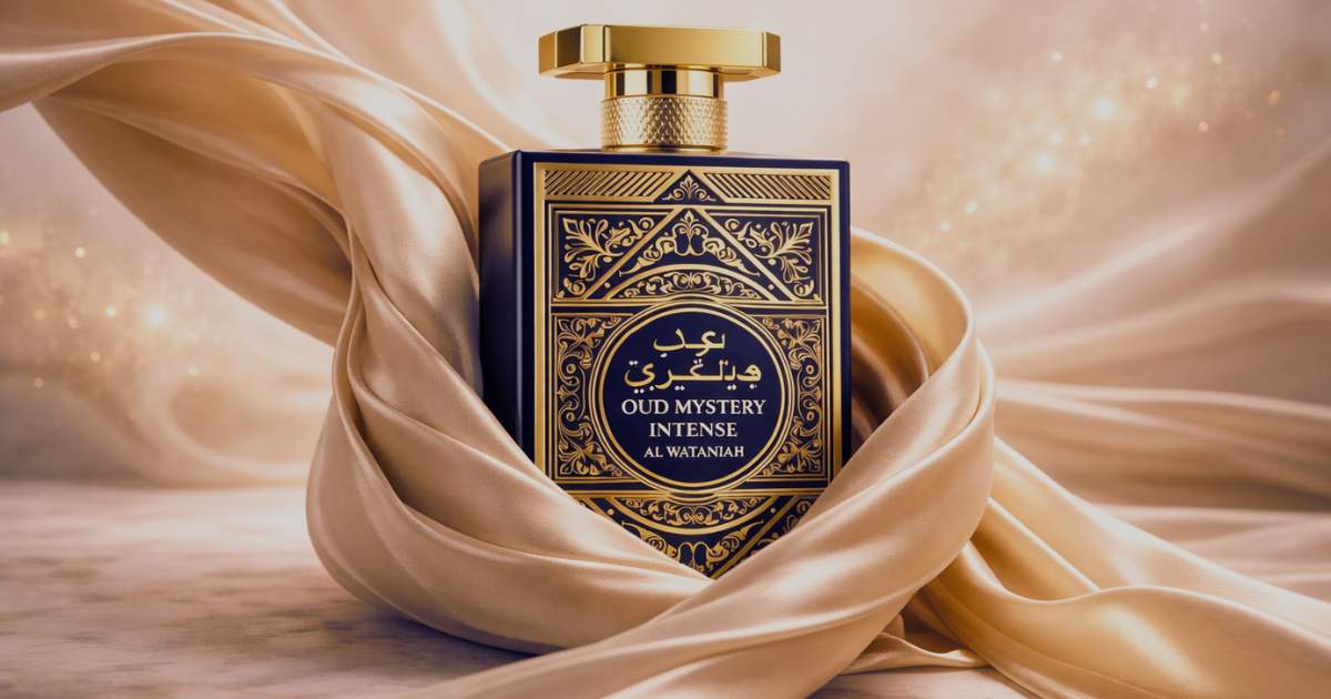 Close do perfume oud mystery intense mostrando detalhes do rótulo e tampa metálica com design luxuoso.