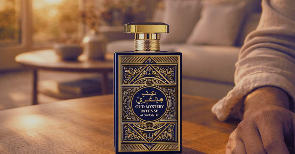 Frasco do perfume Oud Mystery Intense em apresentação luxuosa com detalhes dourados