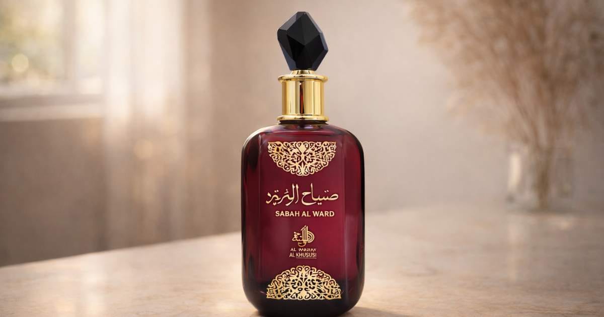 Frasco original do perfume Sabah Al Ward Al Wataniah em apresentação elegante