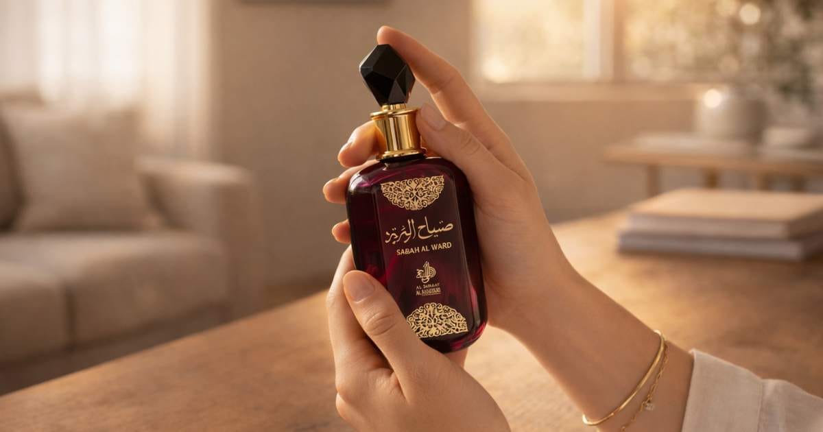 Close do perfume sabah al ward mostrando detalhes do rótulo e tampa com acabamento luxuoso.