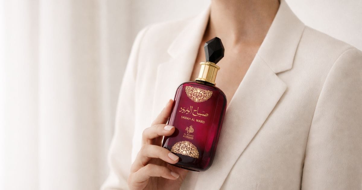 Perfume Sabah Al Ward da Al Wataniah em frasco preto sofisticado com detalhes dourados, destacado como um dos perfumes árabes femininos mais vendidos por suas notas de baunilha e flores.