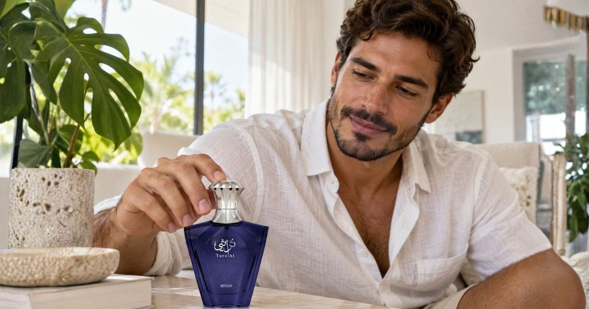 Afnan Turathi Blue em mesa com homem usando camisa de linho em ambiente ensolarado