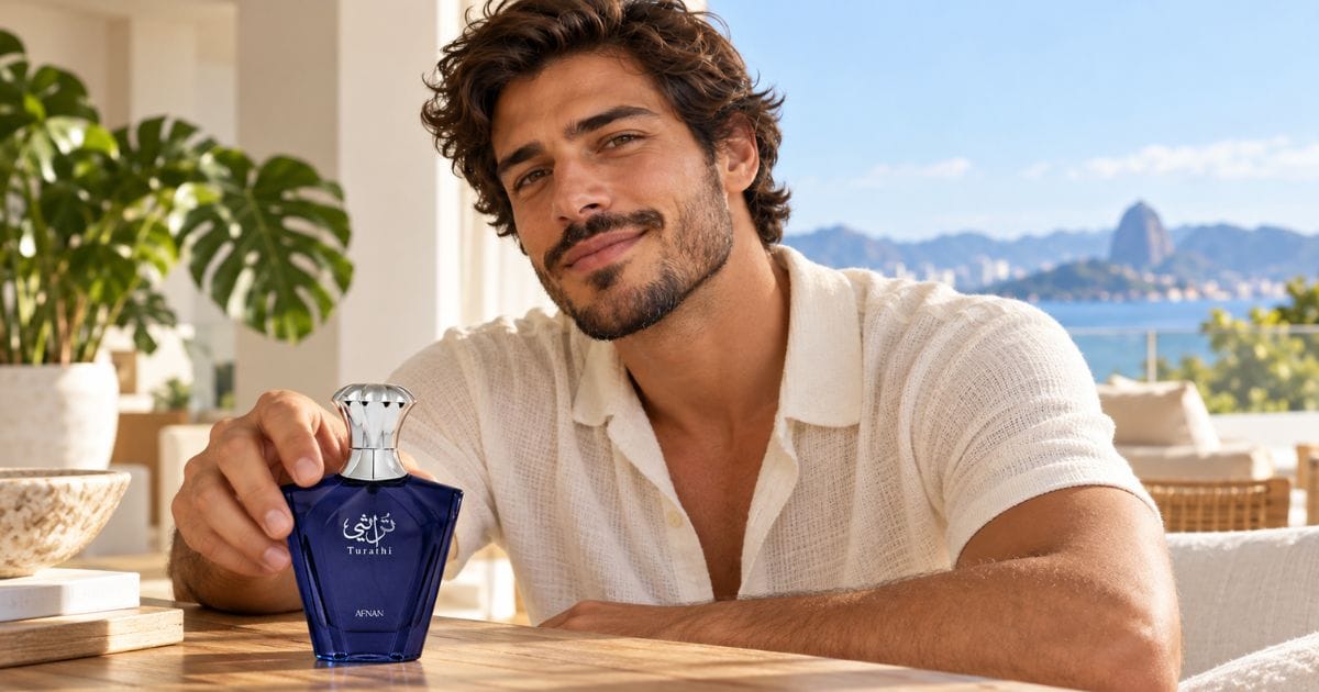 Homem segurando frasco do Afnan Turathi Blue com vista para o mar
