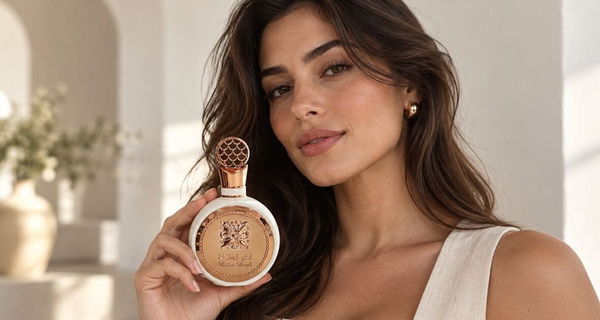 Mulher apresentando o frasco do perfume Lattafa Afeef