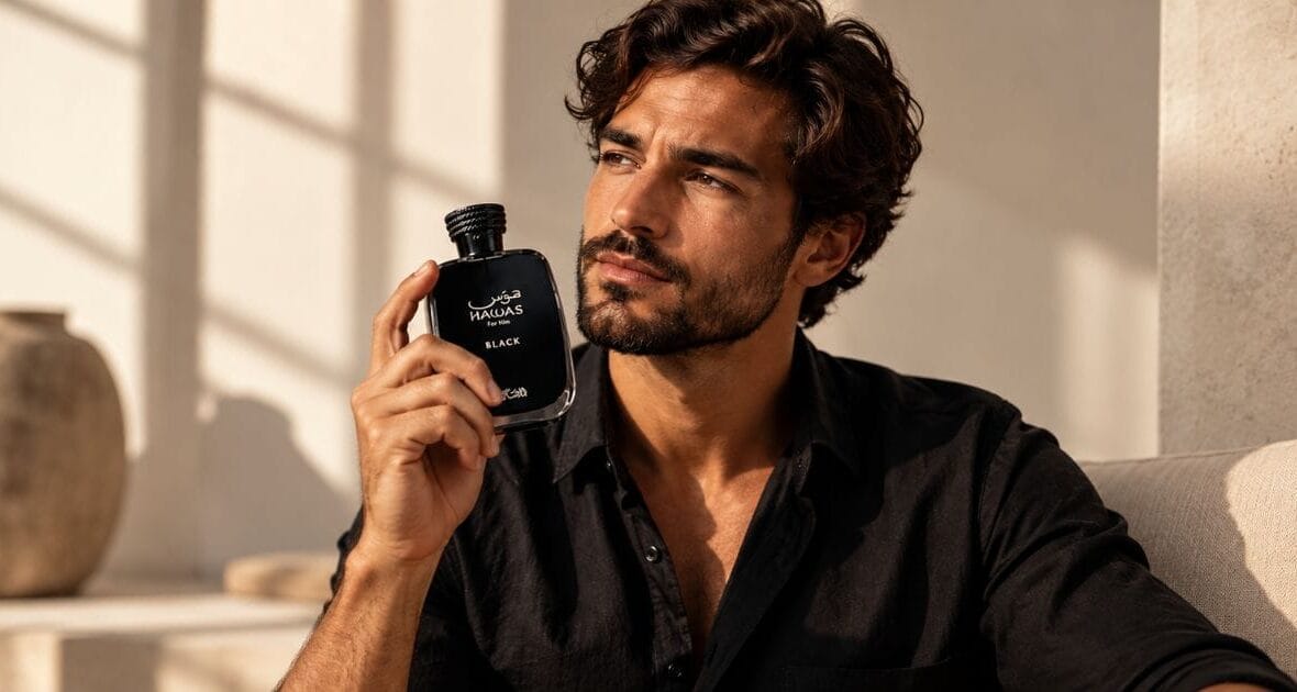 rasasi hawas black for him homem segurando frasco