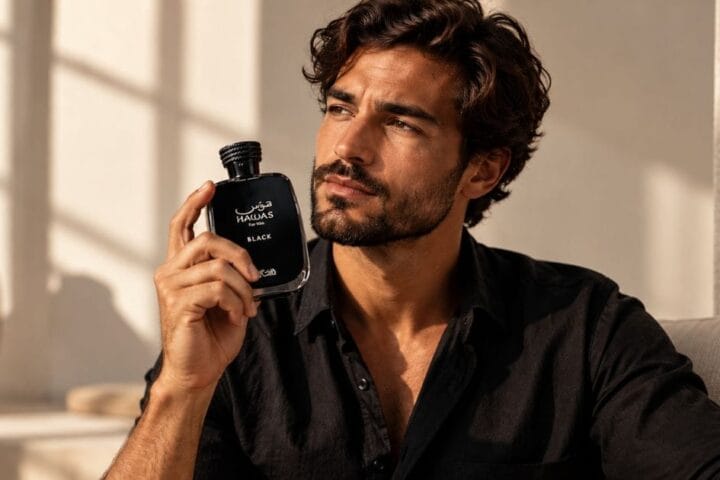 rasasi hawas black for him homem segurando frasco